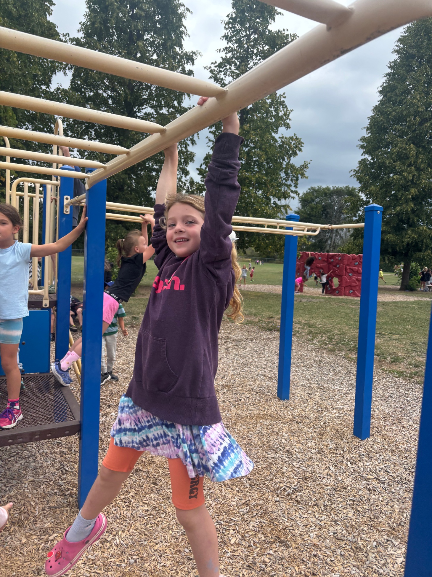 Student hanging on monkey bars